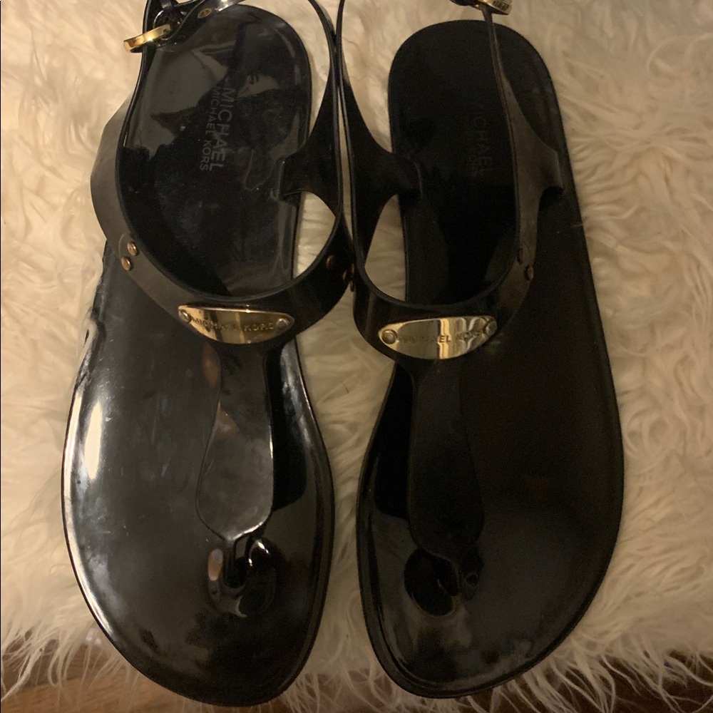 Michael Kors Glossy Black Sandals with Gold Details